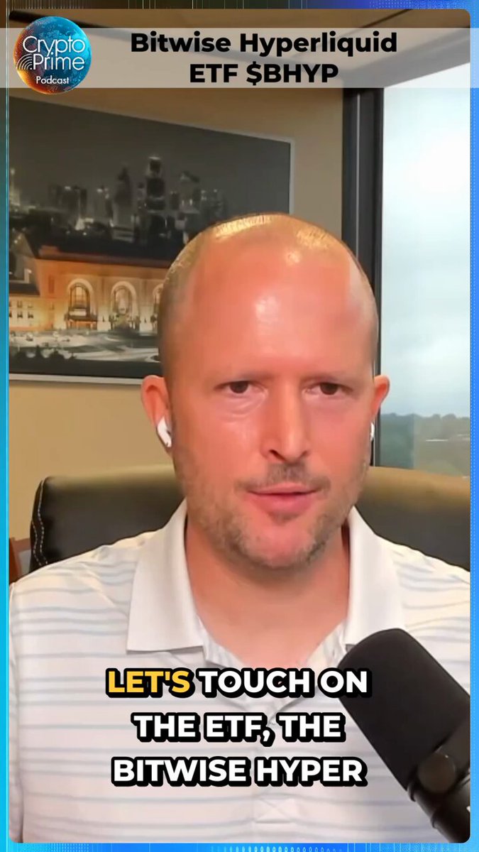 The image features a man wearing a white shirt, sitting behind a microphone with his face displayed on the screen of an online video platform. The background shows a cityscape, indicating that he might be discussing cryptocurrency or financial matters related to Bitwise Hyper Liquid. The caption below him reads "Let's touch on the etf", which could refer to Bitcoin or another cryptocurrency.