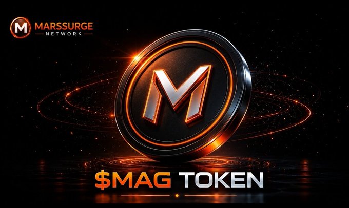 A digital promotional graphic for '$MAG TOKEN' by 'Marssurge Network' showing a 3D metallic coin with the letter 'M' surrounded by glowing orange energy rings against a dark starry background.