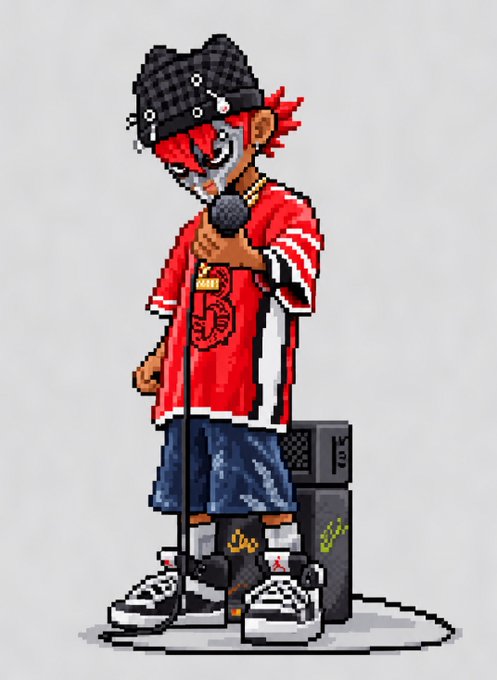A pixel-art illustration shows a stylized character wearing a checkered cap and a red jersey with "SOUTH SIDE" text and the number "3," standing at a microphone in front of a speaker—evoking a hip-hop stage performance that visually reinforces the post's call to action about stepping onto "the stage" before collab spots run out.
