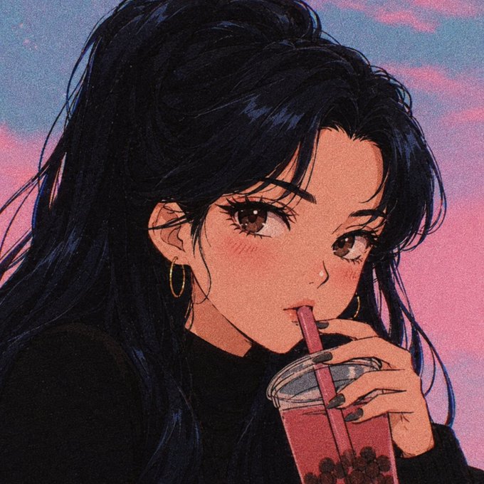 An anime-style illustration of a girl with long dark hair drinking boba tea through a pink straw against a pink sunset sky.
