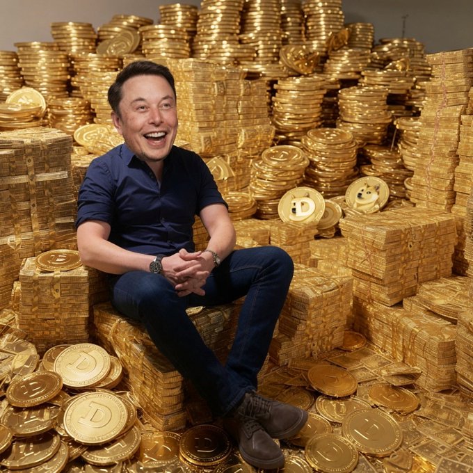 Elon Musk smiling while sitting on massive piles of gold Dogecoin coins in a room filled with stacks of the cryptocurrency.