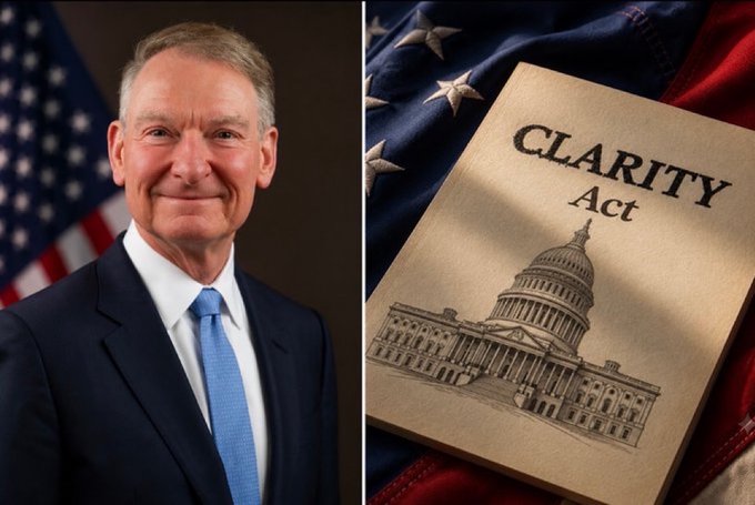 The image features a portrait of SEC Chair Paul Atkins on the left alongside a graphic of the "CLARITY Act" document displayed over an American flag on the right, visually reinforcing the post's announcement of his expectation for the legislation to pass on September 15th.