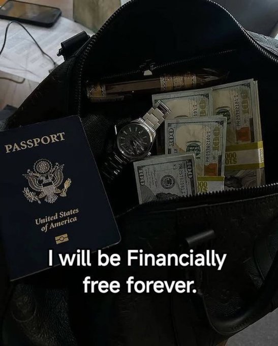 A black bag is open to reveal a U.S. passport, a silver wristwatch, and several stacks of $100 bills. Overlay text reads "I will be Financially free forever," pairing with the post "Memecoins will change your life" to suggest trading memecoins can lead to sudden wealth and passport-ready travel.