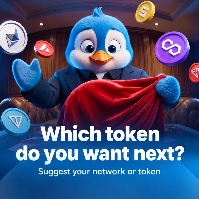 A 3D-rendered blue penguin mascot in a suit pulls back a red velvet cloth to reveal various token icons (ETH, BNB, SOL, etc.), with text reading 'Which token do you want next? Suggest your network or token'.