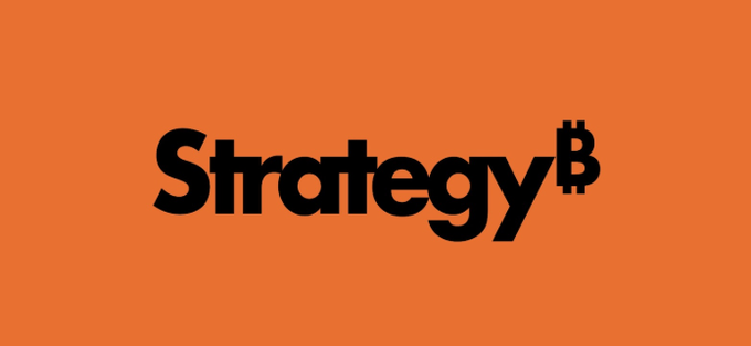 The "Strategy" logo is displayed in black text on a solid orange background, with a Bitcoin symbol incorporated as the superscript letter "B" in the company name.