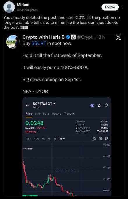 A user (@Ashinighami) complains about a deleted post promoting $SCRT, with the quoted tweet from @Crypto__Haris instructing followers to "Buy $SCRT in spot now" and "Hold it till the first week of September" for a predicted "400%-500%" pump, accompanied by a Binance chart showing SCRT/USDT down 11.11% at $0.0248, illustrating the example of the pump-and-delete scheme.