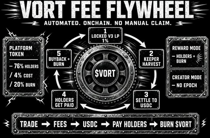 A black-and-white infographic titled 'VORT FEE FLYWHEEL' explains an automated onchain process involving $VORT, showing a 5-step cycle (Locked V3 LP, Keeper Harvest, Settle to USDC, Holders Get Paid, Buyback + Burn) and noting 76% holders / 4% cost / 20% burn with reward and creator modes.