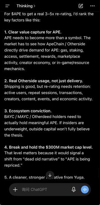 A screenshot of a ChatGPT conversation titled 'Thinking' lists 5 ranked key factors for $APE to achieve a 3-5x re-rating, including value capture, Otherside usage, ecosystem conviction, $300M market cap, and a catalyst from Yuga Labs.