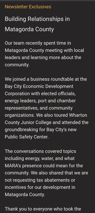 A mobile-formatted article titled 'Building Relationships in Matagorda County' marked as 'Newsletter Exclusives', discussing MARA's community engagement, a visit to Bay City Economic Development Corporation, and tours of Wharton County Junior College and Bay City's Public Safety Center.