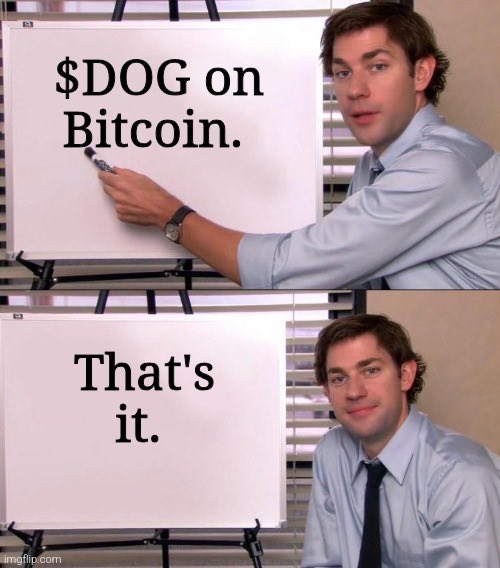 A two-panel meme with the top showing a man pointing to a flip chart reading '$DOG on Bitcoin,' and the bottom panel showing him with a chart that simply says 'That's it.'