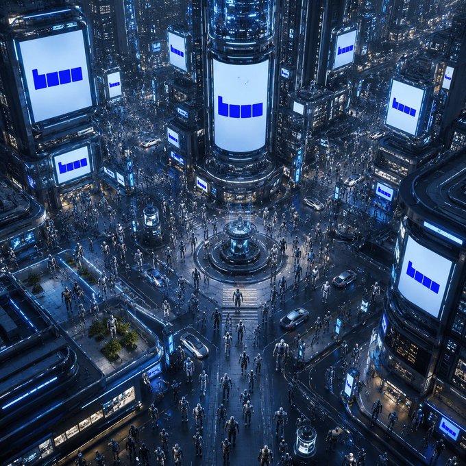 An aerial view of a futuristic city square at night with tall skyscrapers displaying large blue screens, surrounded by crowds of people and futuristic vehicles.