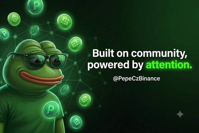 A promotional graphic for @PepeCzBinance featuring a 3D-rendered Pepe the Frog character wearing sunglasses, surrounded by glowing green token icons, with the tagline 'Built on community, powered by attention.'