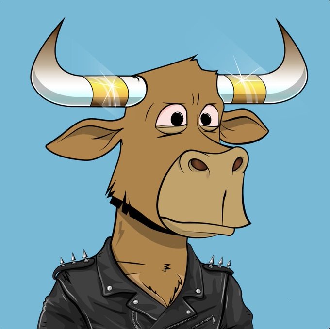 A cartoon illustration of a bull wearing a black studded leather jacket with gold-banded horns against a blue background.