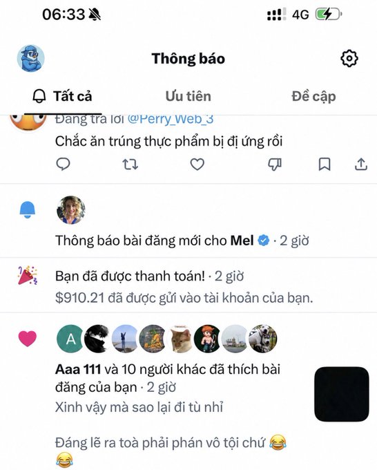A Vietnamese social media notification screen shows a $910.21 payment settlement notice ("Bạn đã được thanh toán!") along with various app notifications including mentions and likes. The $910.21 payout directly corresponds to the post celebrating two weeks of earnings, with the user excited about the successful payment received.