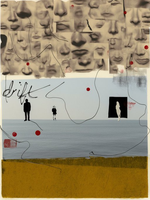 ̶The image features a collage of faces, including human and animal faces, with some of them appearing blurry or indistinct. The collage also includes text that reads "drift" and "drift 1/1". The background of the image is a blurred beach scene, which adds to the overall artistic nature of the piece.