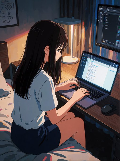 An anime-style illustration of a girl with long dark hair sitting on a bed while using a laptop on a desk in a dimly lit room.