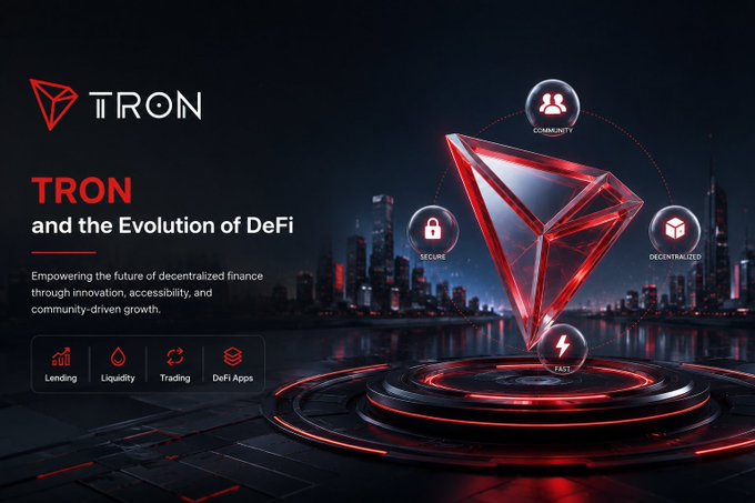 A sleek digital banner titled "TRON and the Evolution of DeFi" features the TRON logo, tagline "Empowering the future of decentralized finance through innovation, accessibility, and community-driven growth," and feature icons for Lending, Liquidity, Trading, and DeFi Apps, alongside a glowing red crystalline TRON emblem surrounded by labels highlighting Community, Secure, Decentralized, and Fast—visually reinforcing TRON's role as a hub for diverse decentralized financial services.