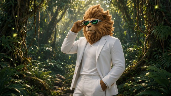 An anthropomorphic lion in a crisp white suit and glowing green sunglasses stands confidently in a lush jungle setting, perfectly matching the post's playful "perfect weather for a Lion" caption and the $LION ticker reference.