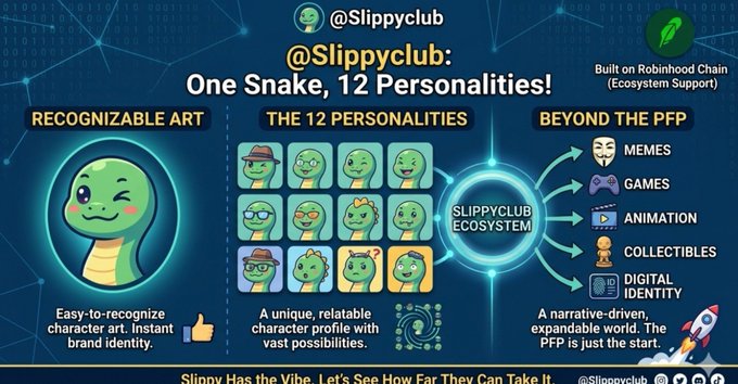 An infographic for '@Slippyclub' titled 'One Snake, 12 Personalities!' detailing its 'SlippyClub Ecosystem' and elements like 'Memes', 'Games', and 'Animation' on the 'Robinson Chain'.