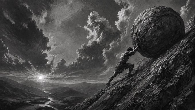 A muscular man pushes a massive boulder up a steep, rocky mountainside beneath a dramatic cloudy sky, echoing the Sisyphean struggle of crypto trading. The image symbolizes the relentless effort and steep uphill climb required to build genuine onchain reputation, contrasting with the shortcuts of faked engagement and herd-following social traders.
