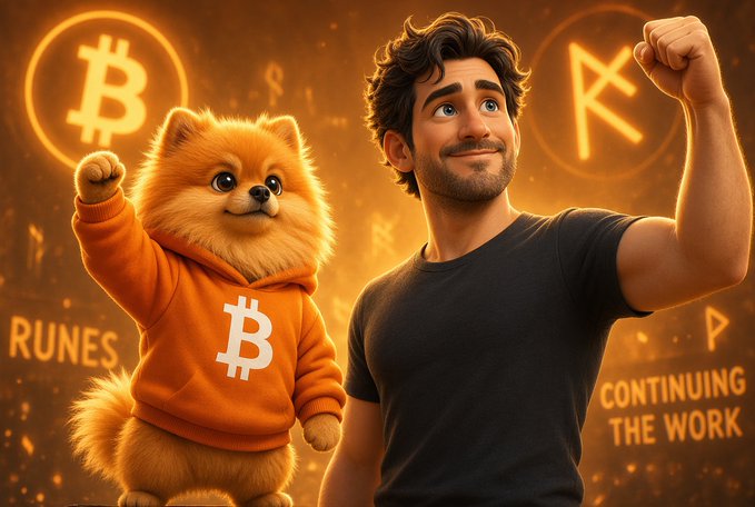 A digital illustration shows an animated dog in an orange Bitcoin hoodie next to a man flexing his muscles, with 'RUNES' and 'CONTINUING THE WORK' text visible against a Bitcoin and rune symbol backdrop.