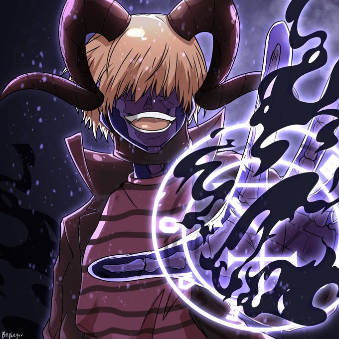 An anime-style demonic character with curved horns and stitched facial markings grins menacingly while summoning a swirling black and purple magical sigil, embodying the "Sloth" deadly sin NFT artwork referenced in the caption by @MrLaidba for the @KinsmanNFT collection.