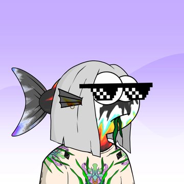 A cartoon illustration of a fish-like humanoid character with a fish head, wearing pixelated 'thug life' sunglasses, with a fish body visible behind the character.