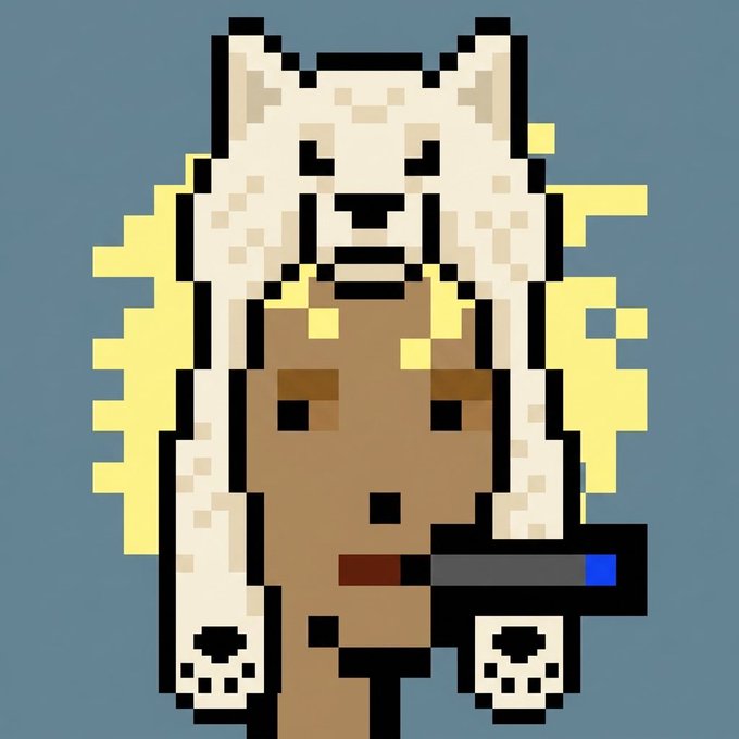 A pixel art illustration depicts a person wearing a white bear/animal hat with a fierce expression, set against a blue background.