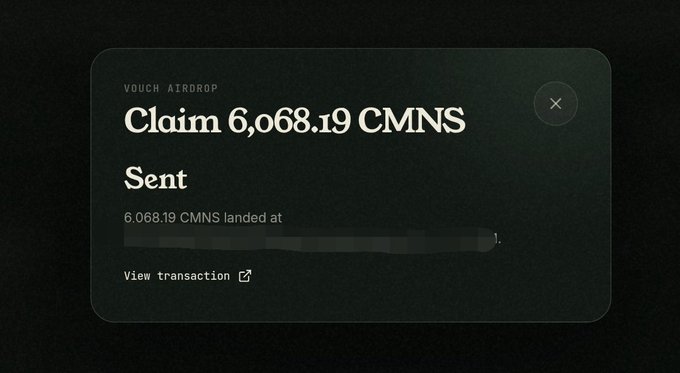 A dark-themed confirmation popup from Vouch Airdrop displays a successful "Claim 6,068.19 CMNS" transaction that has been sent, with the destination address blurred out and a "View transaction" link provided. The image illustrates the user's post about finally claiming their Slashed $CMNS airdrop rewards.