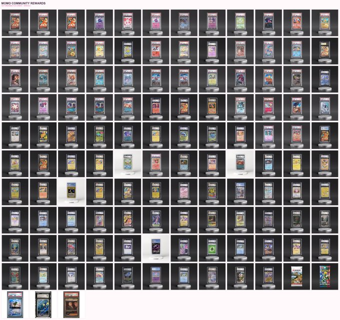 The image displays "MOMO COMMUNITY REWARDS" — a grid of 121 individually photographed graded trading card slabs, each presented on a small stand. The accompanying post highlights that these slabs, along with booster packs and Momo Dream Packs, are available as rewards in $ETH and $MOMO, inviting holders to open their Momo Reward Packs to reveal collectibles.