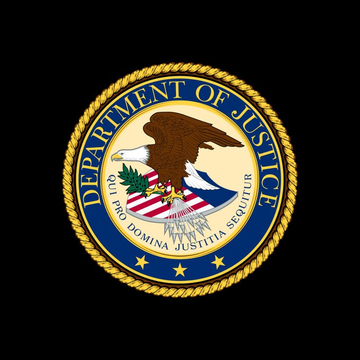 The seal of the U.S. Department of Justice, featuring a bald eagle and the Latin motto "Qui Pro Domina Justitia Sequitur," is displayed against a black background. The image relates to the news of a reported warning from the Justice Department about Binance's potential reduced cooperation on crypto-related cases, which Binance has denied.
