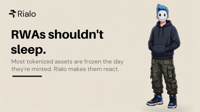 An advertisement for "Rialo" featuring the tagline "RWAs shouldn't sleep," explaining that tokenized assets are typically frozen and Rialo makes them react, with an illustration of a character with blue hair.