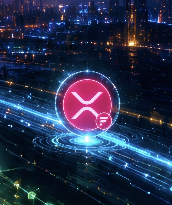 A futuristic cityscape at night with glowing blue lights and a central pink XRP logo in a circular frame.