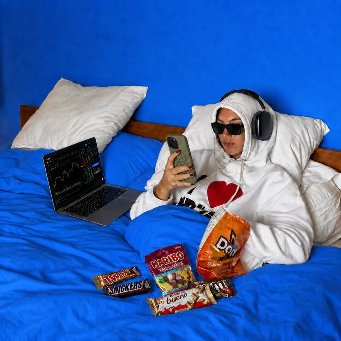 A young woman in a white hoodie wearing sunglasses and headphones reclines on a bright blue bed, scrolling on her phone while a laptop displays a stock chart, surrounded by snacks like Haribo, Twix, Snickers, Kinder Bueno, and Doritos. The image perfectly captures the "trading drama" humor of the caption, suggesting the market's volatility is more entertaining than any streaming show.
