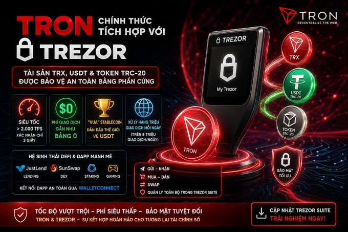 A Vietnamese promotional banner for TRON cryptocurrency's official integration with TREZOR hardware wallet, highlighting TRX, USDT, and TRC-20 token security features.