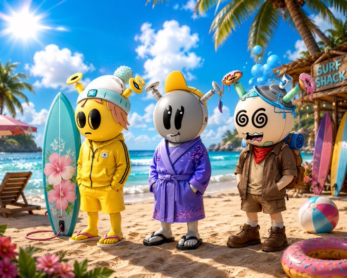 Three quirky cartoon characters in colorful beachwear (a yellow tracksuit, purple robe, and safari outfit) pose on a sunny tropical shore with surfboards, palm trees, and a "Surf Shack" sign in the background—perfectly matching the laid-back "Saturday vibes" mood of the post.