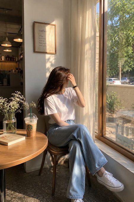 A woman sits in a cafe window seat next to a Starbucks iced coffee and a book, with sunlight streaming in.