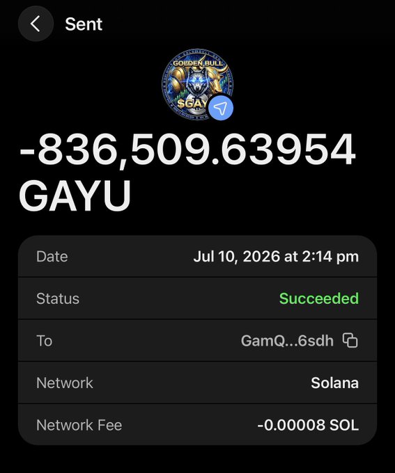 A screenshot of a successful Solana transaction shows a sent amount of -836,509.63954 GAYU to address GamQ...6sdh on July 10, 2026, with a network fee of 0.00008 SOL. The large transfer suggests an early believer dumping or reallocating their GAYU holdings in alignment with the post's "HODL" message, though the substantial sell-off contradicts the exhortation to hold your ground.