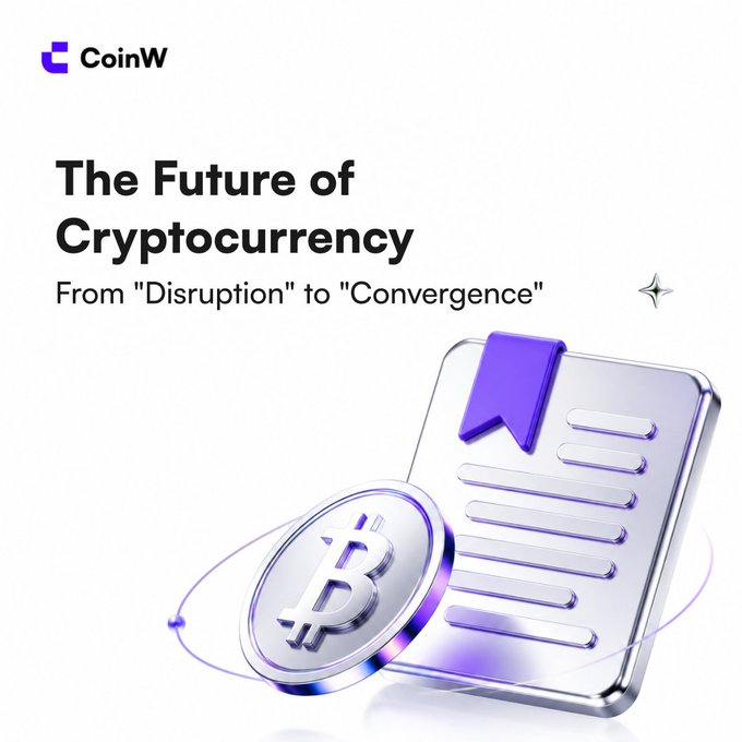 CoinW advertisement reading 'The Future of Cryptocurrency - From "Disruption" to "Convergence"' featuring a 3D Bitcoin coin next to a document with a purple bookmark.