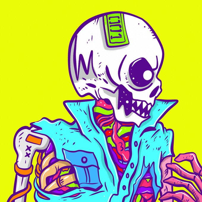 A vibrant, stylized cartoon illustration of a cyborg or zombie character with a skull-like face, exposed mechanical parts, and a teal jacket against a bright yellow background.