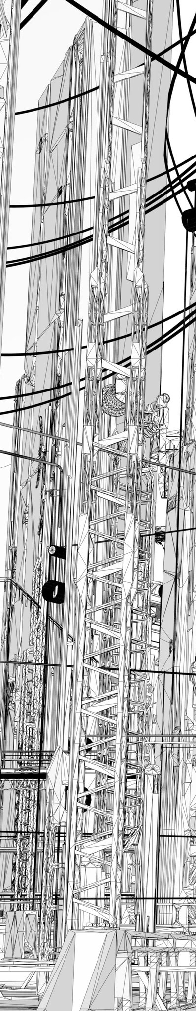 A wireframe rendering of an intricate industrial scaffolding structure with intersecting metal beams, platforms, and cables rises vertically through the frame, reflecting the artist's mention of wrapping up commissions and upcoming projects. The unfinished, skeletal quality of the digital model mirrors the "side quest" being held back until details are locked down, while the complex construction hints at the ambitious Q4 plans ahead.
