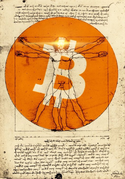 An artistic image of Leonardo da Vinci's Vitruvian Man drawing overlaid with the large white "B" Bitcoin logo on an orange circle, surrounded by Leonardo's original handwritten notes and sketches.