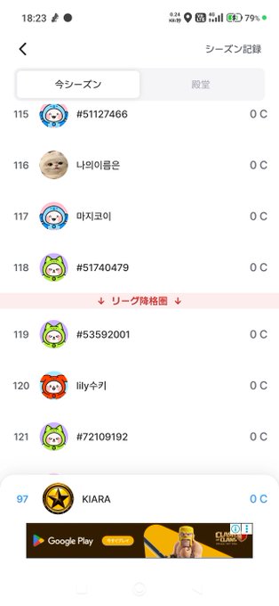 A season records leaderboard (シーズン記録) showing rankings from 115 to 121, featuring player names like #51127466, 나의이름은, 미치코이, and #51740479, with a relegation notice (リーグ降格圏).