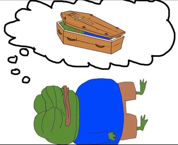 A cartoon character with green hair, blue shirt, and brown pants shown from above, dreaming about an open wooden coffin containing pools of green and blue liquid.