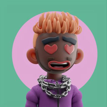 A 3D cartoon-style avatar with heart eyes, orange dreadlock-style hair, and a chunky silver chain displays a joyful expression against a pink circle backdrop. The image depicts the heart-eyed trait NFT character from the 888 Society that the collector added to their collection after missing the original mint.