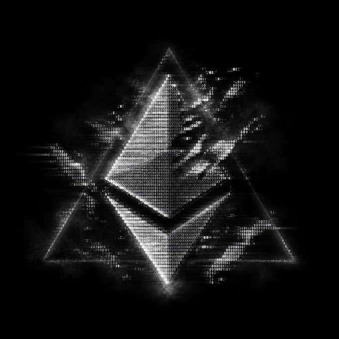 A digital, pixelated rendering of the Ethereum logo with a glitch effect, complementing the post's promotional announcement of an Ethereum-related NFT collection and whitelist opportunity on OpenSea.