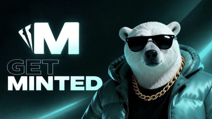 A stylized white bear wearing black sunglasses and a gold chain poses in a puffy coat, paired with the "M" logo and the phrase "GET MINTED" in bold teal and white text. The image ties into the post by promoting PlayOnMint's MintABear NFT collection, with the bear mascot and "GET MINTED" tagline reflecting the project's focus on its 4,444-supply free mint on Robinhood Chain.