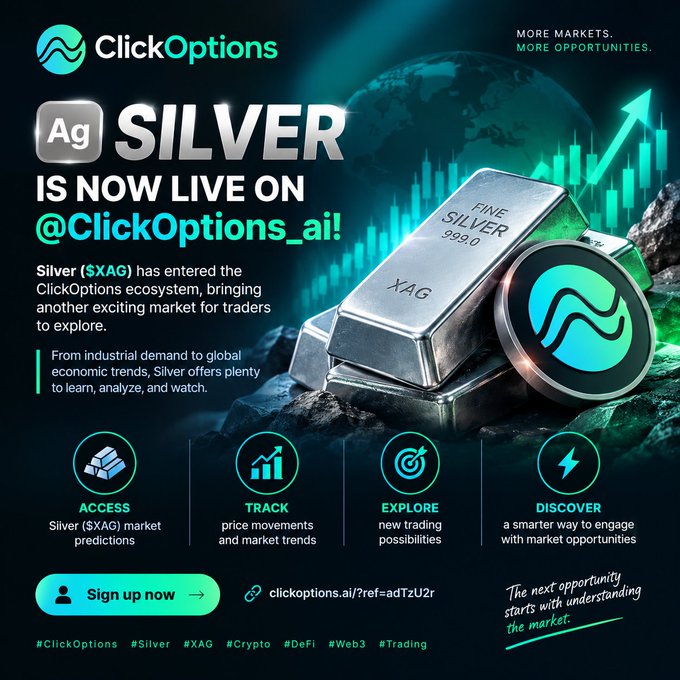 A promotional graphic for ClickOptions announcing that 'SILVER IS NOW LIVE ON @ClickOptions_ai!', featuring a silver bar marked 'FINE SILVER 999.0 XAG' alongside the platform's branding.
