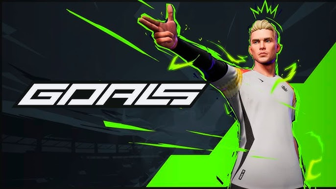 A promotional image for the game "GOALS" features a blonde male soccer player in a white jersey pointing forward with a raised finger, set against a dark green background with electric green accents. The bold "GOALS" logo is displayed prominently on the left side, illustrating the web3/NFT soccer game criticized in the post.