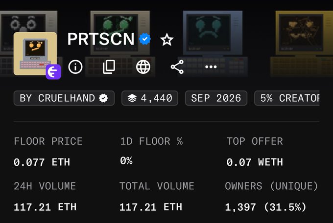A screenshot of the PRTSCN NFT collection page showing stats including a 0.077 ETH floor price, 117.21 ETH 24H volume, 1,397 unique owners (31.5%), and 4,440 items, created by Cruelhand, tying into the post about ongoing NFT activity ("there's always something, somewhere, cooking... nfts").